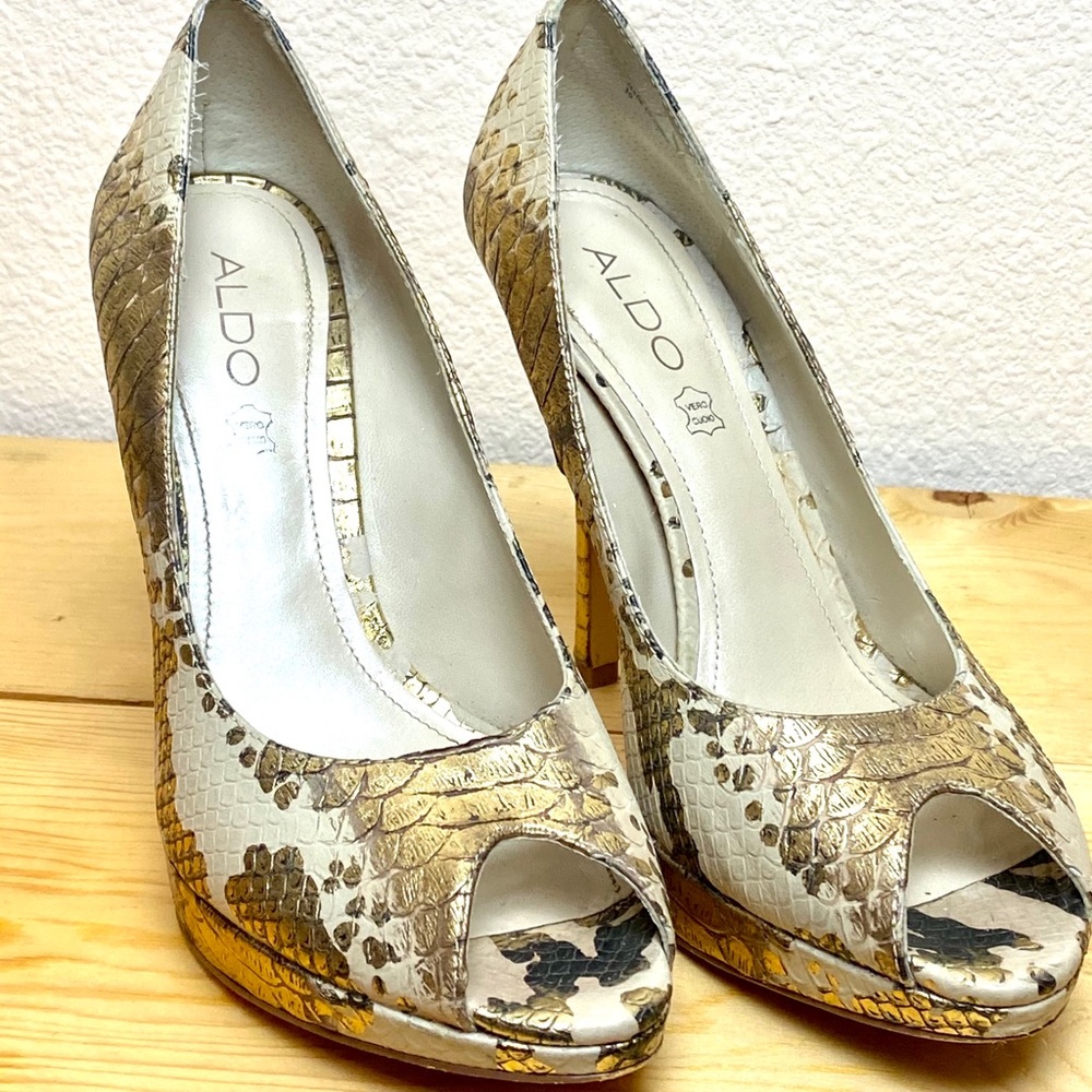ALDO golden snake skin shoes